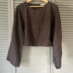 Brown Linen Long Sleeve Crop Top